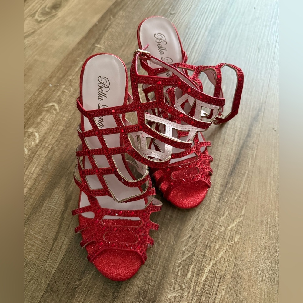 Glittery red strappy heels
